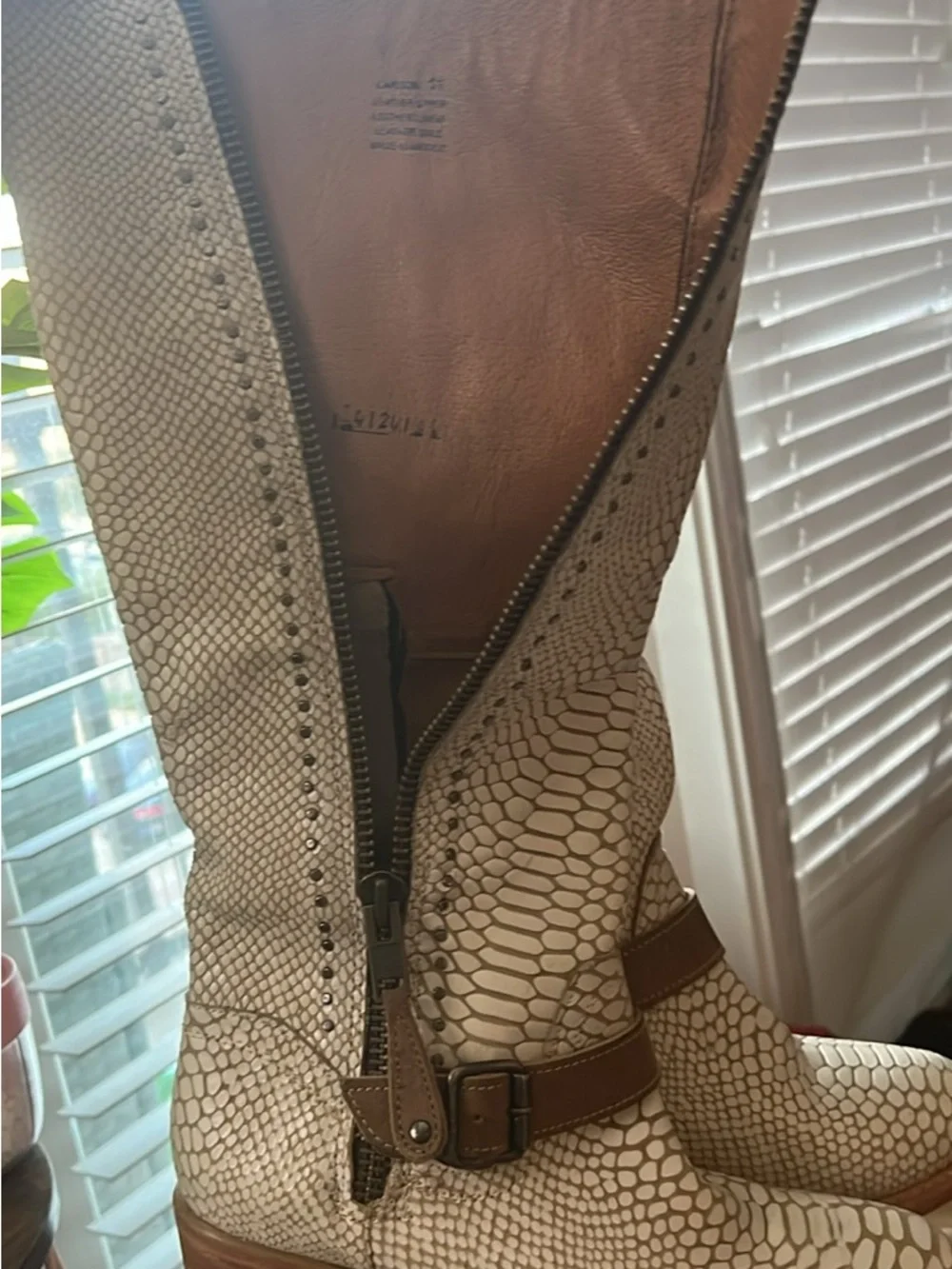 Freebird by Steven Cream Snakeskin-Textured Over-the-Knee Boots with Brown Strap